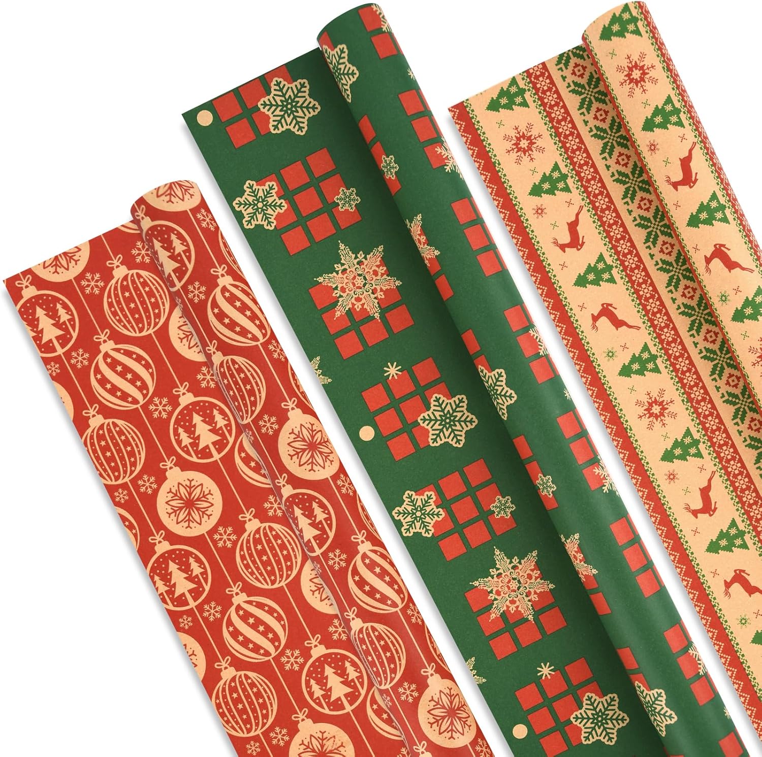AhfuLife 3 Long Rolls Christmas Wrapping Paper for Gift, 60cm x 6.5M Jumbo Xmas...