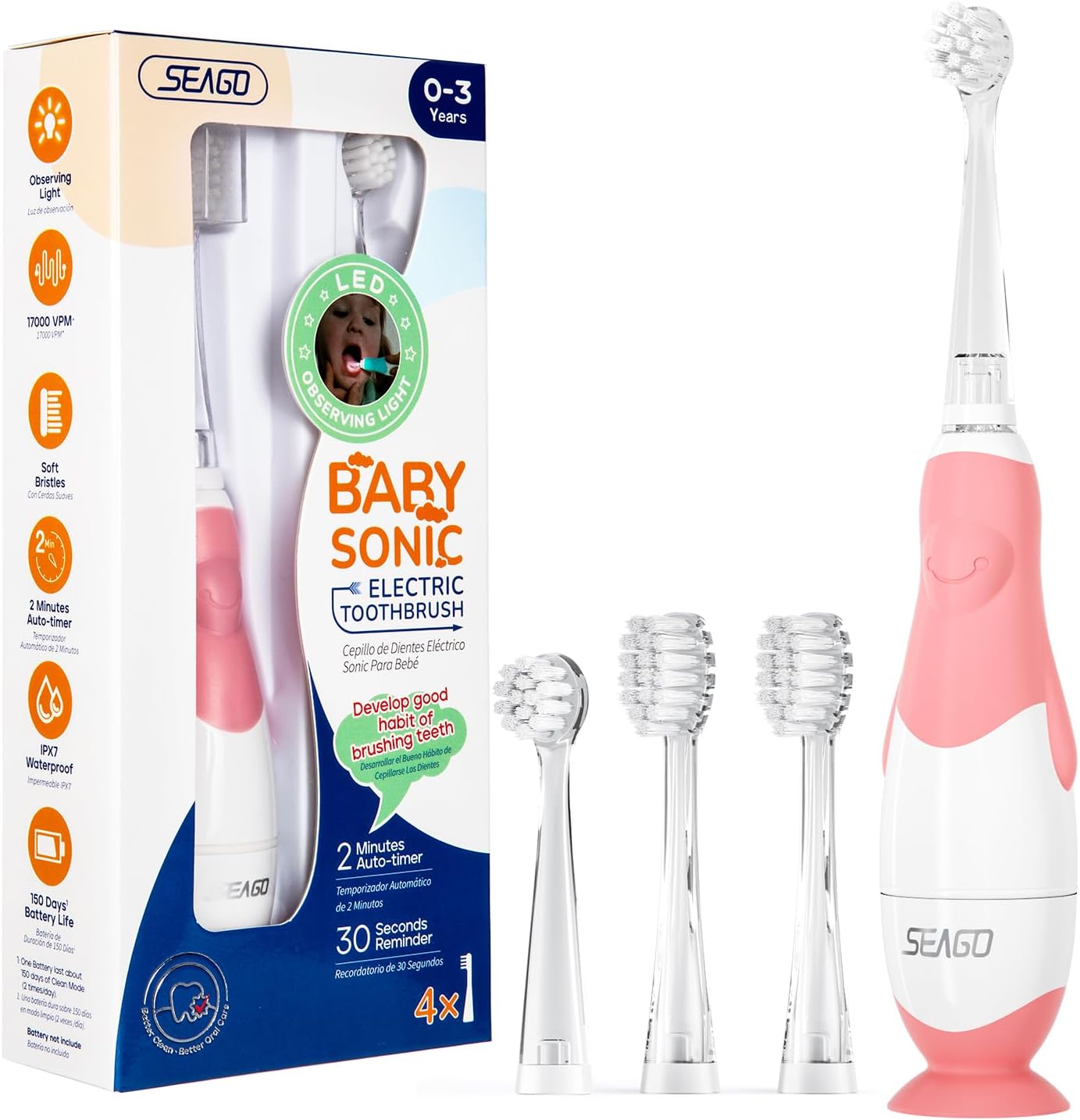 Seago Baby Electric Toothbrush, Children's Power Toothbrushes with 4 Brush Heads...