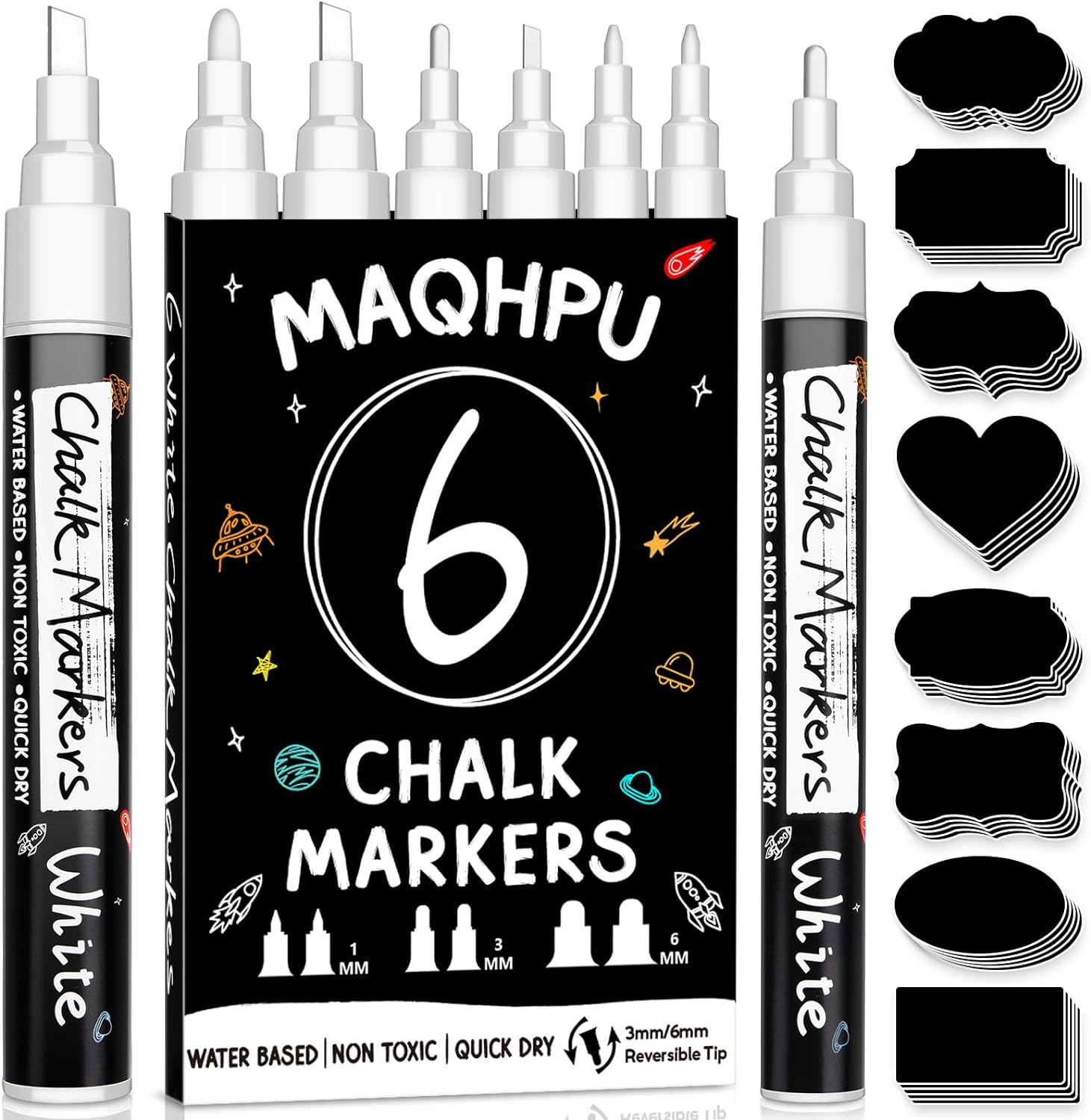Maqhpu White Chalk Pens for Blackboards, 6 Pack Washable Liquid Chalk Pens and 4...