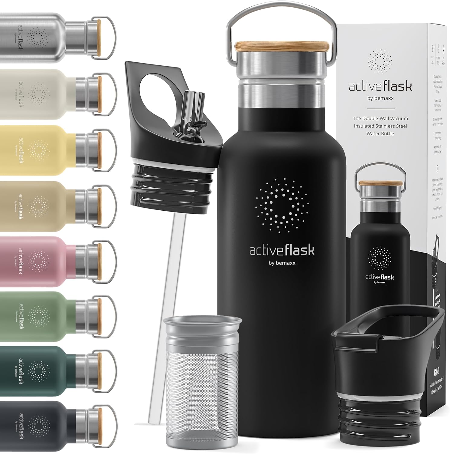Stainless Steel Water Bottle with Straw, Infuser & 3 Lids: 1 & 0,5L Leak-Proof V...