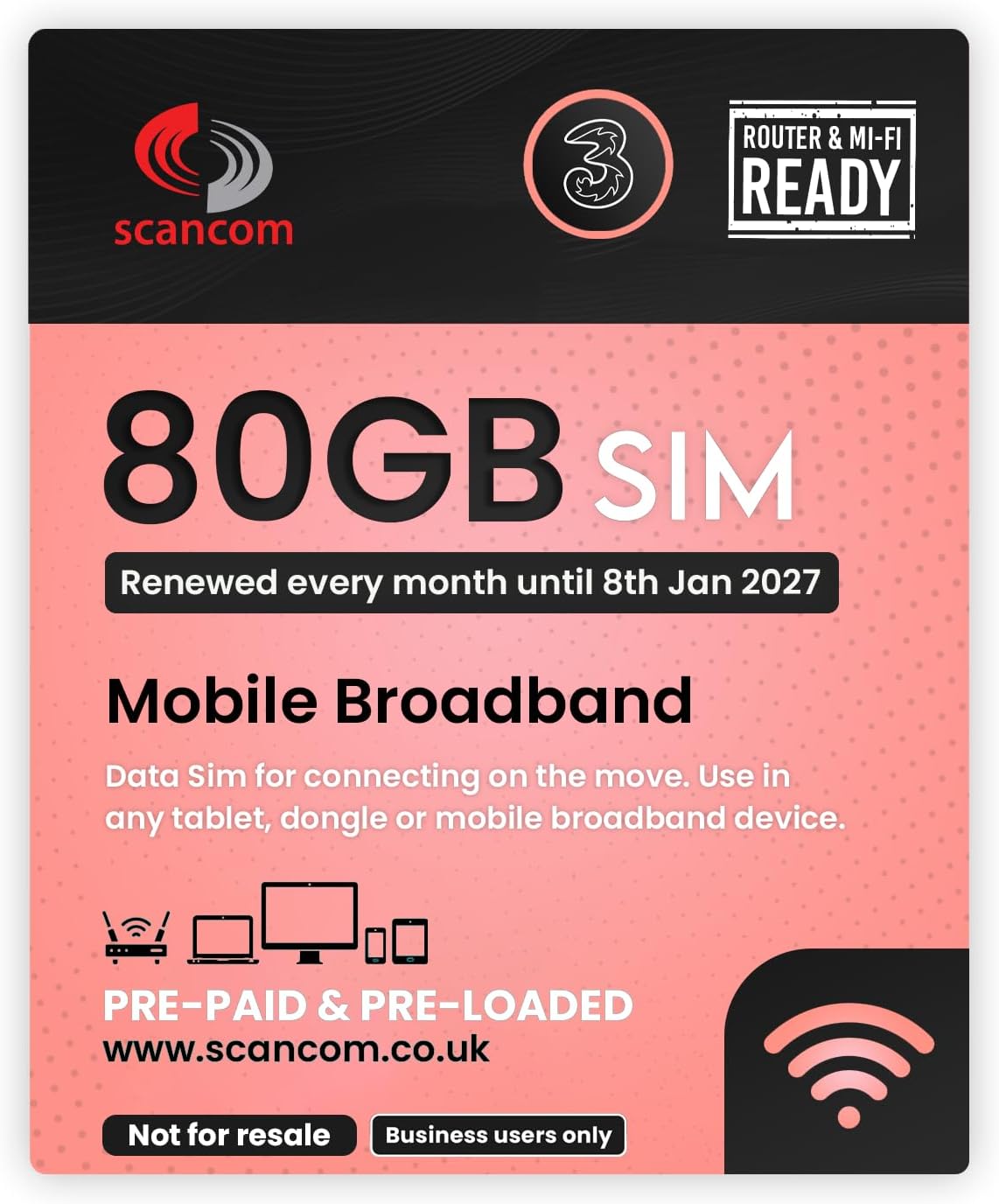 Three 80GB Data SIM - 5G Business-Grade Data Renewed EVERY MONTH until 8th Janua...