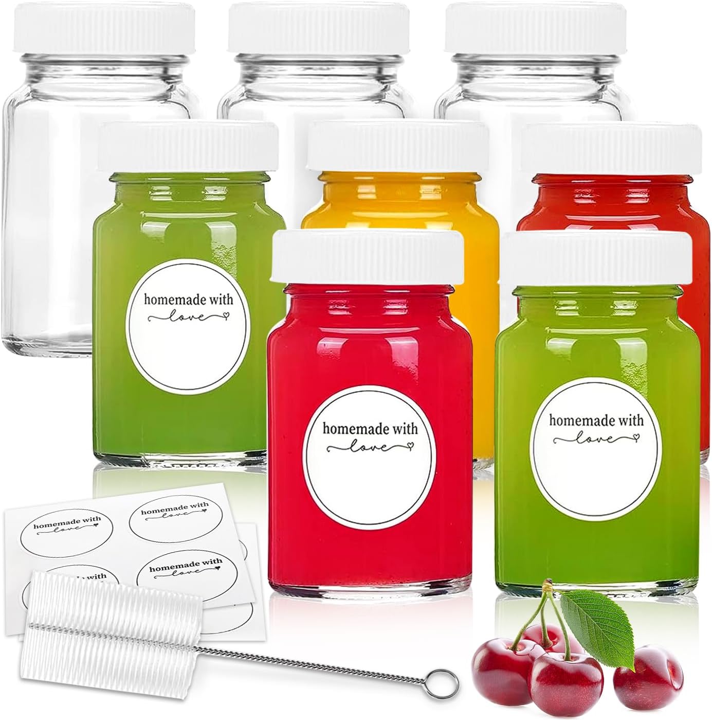 8pcs 2oz Glass Juice Bottles with Lids and Labels, Reusable Small Clear Jar for...
