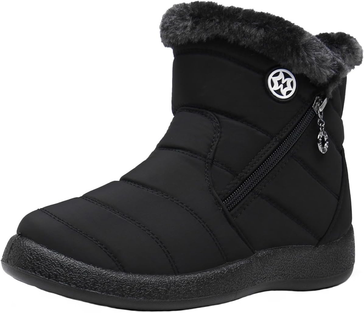 Women Winter Snow Boots Ladies Fur Lined Warm Outdoor Zip Flat Water-Resistant T...