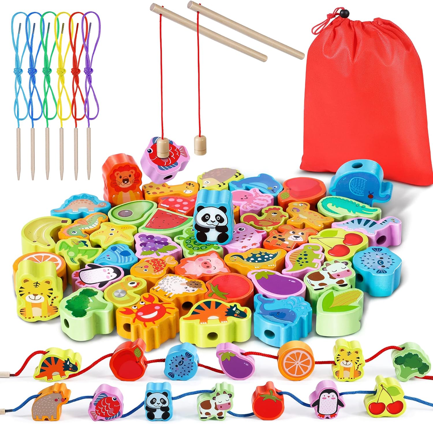 Jojoin 46 PCS Wooden Threading Toys - 2 in 1 Magnetic Fishing Montessori Toys fo...