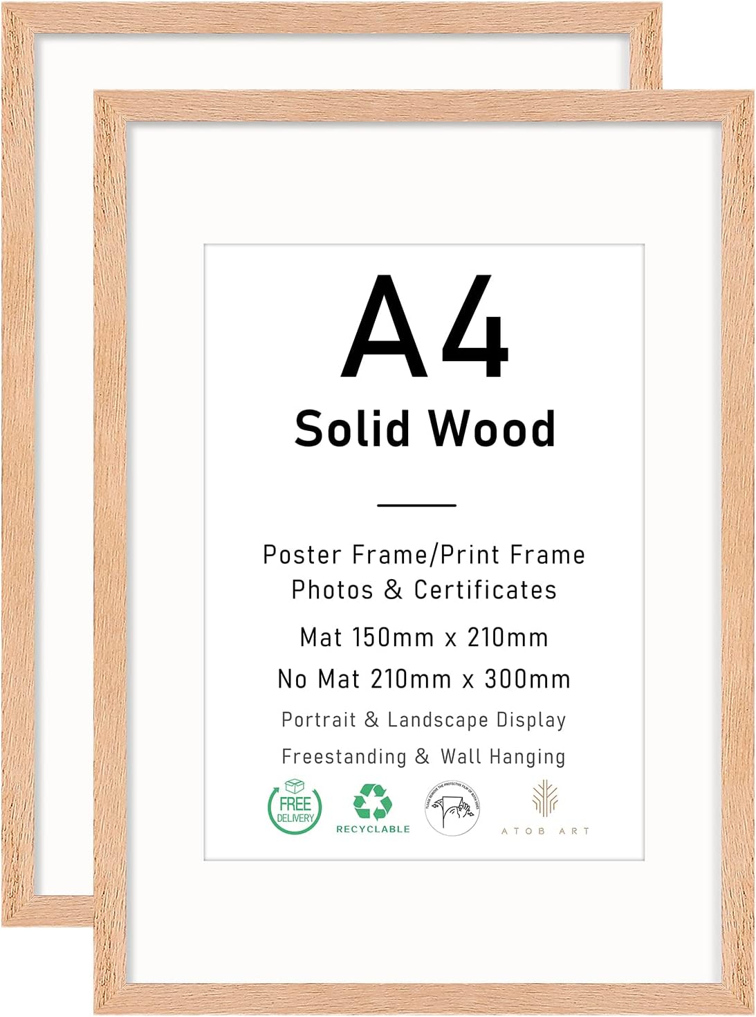 A4 Certificate Picture Frame, OAK Wood Photo Frame with mount for 15x21 cm print...
