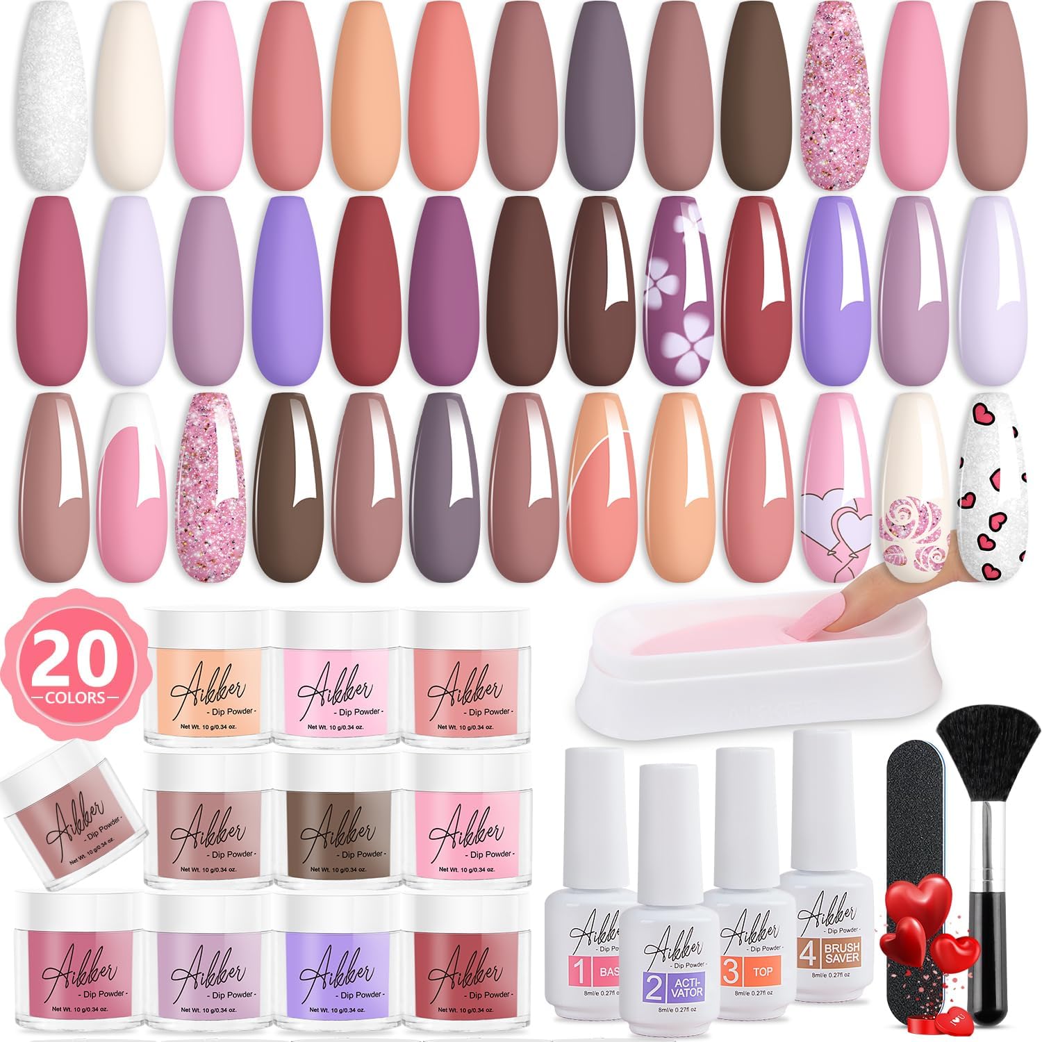 Aikker 27 Pcs Dip Powder Nail Kit Starter 20 Colours Nude Pink Coral Dipping Pow...