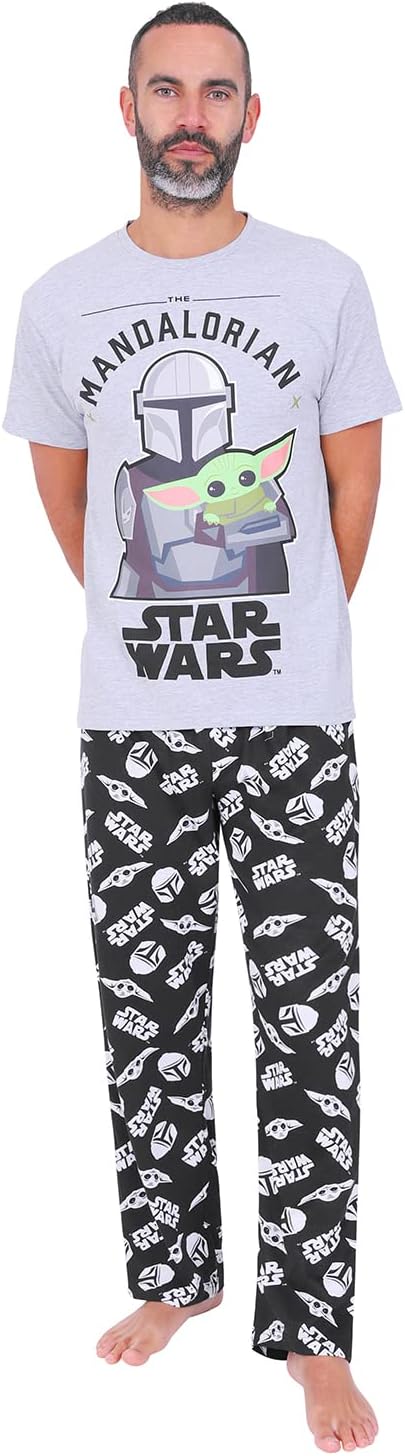 Star Wars Mens The Mandalorian Baby Yoda Long Pyjama Set Grey Black L Grey