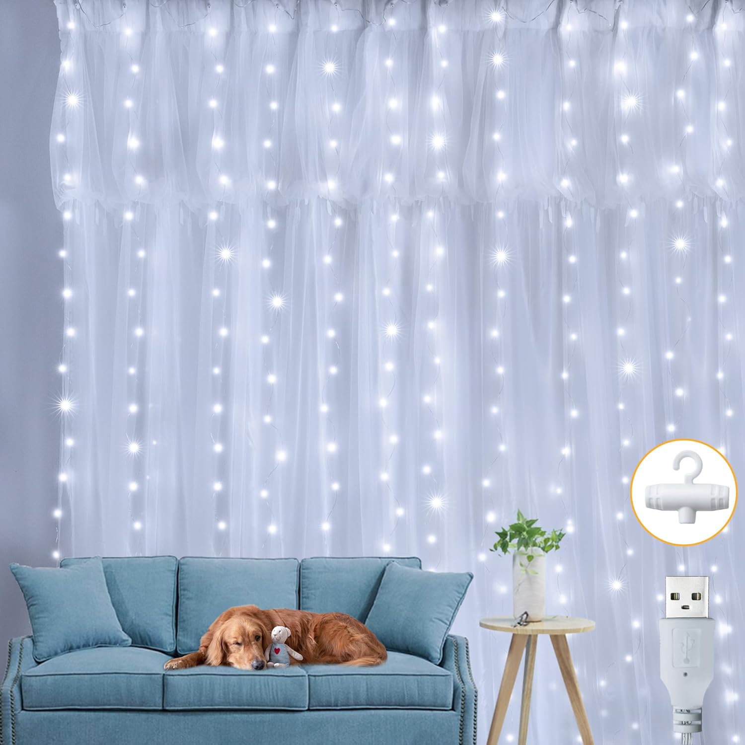 ZeMu Curtain Fairy Lights Indoor Outdoor, LED Waterfall String Lights with Hooks...