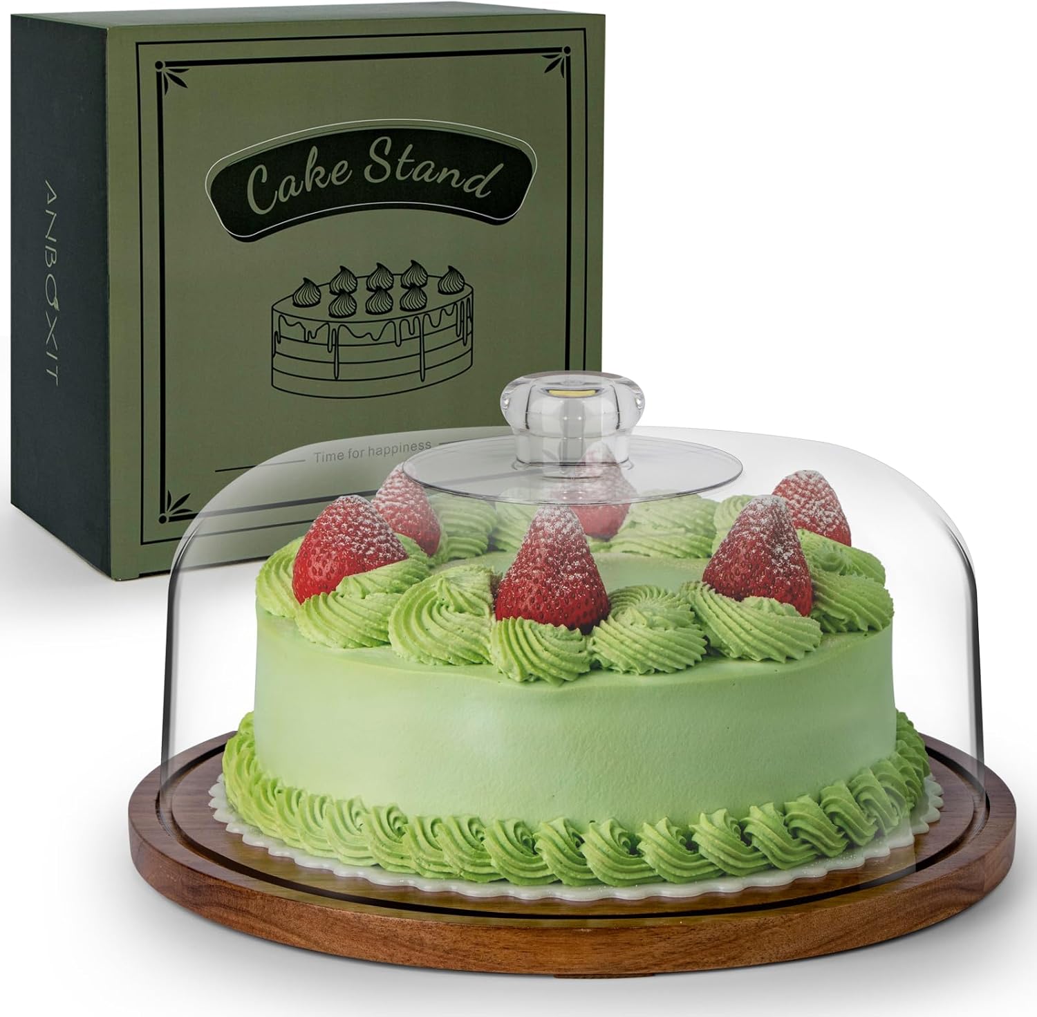 ANBOXIT Cake Stand with Dome Lid, Acacia Wood Cake Plate with Cover, Wooden Cake...