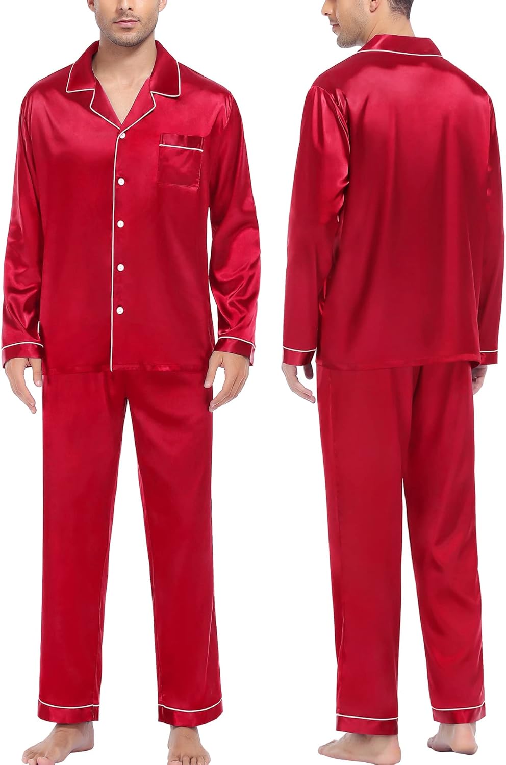 SWOMOG Mens Satin Pyjamas Set Long Sleeve Button Down Sleepwear Silk Pyjama Set...
