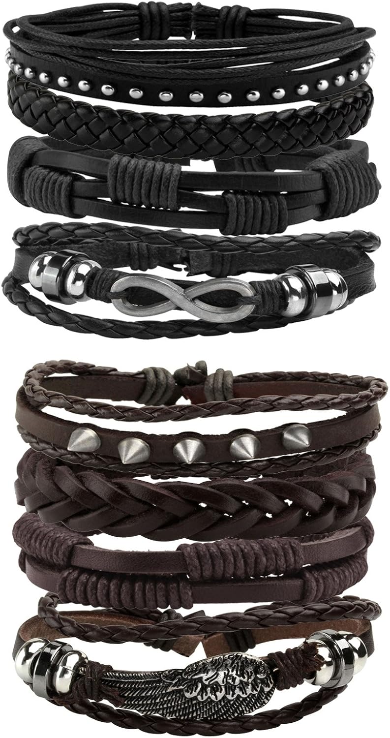 MILAKOO Leather Bracelet Black Brown Braided Wide Wristband Women Men Punk Jewel...