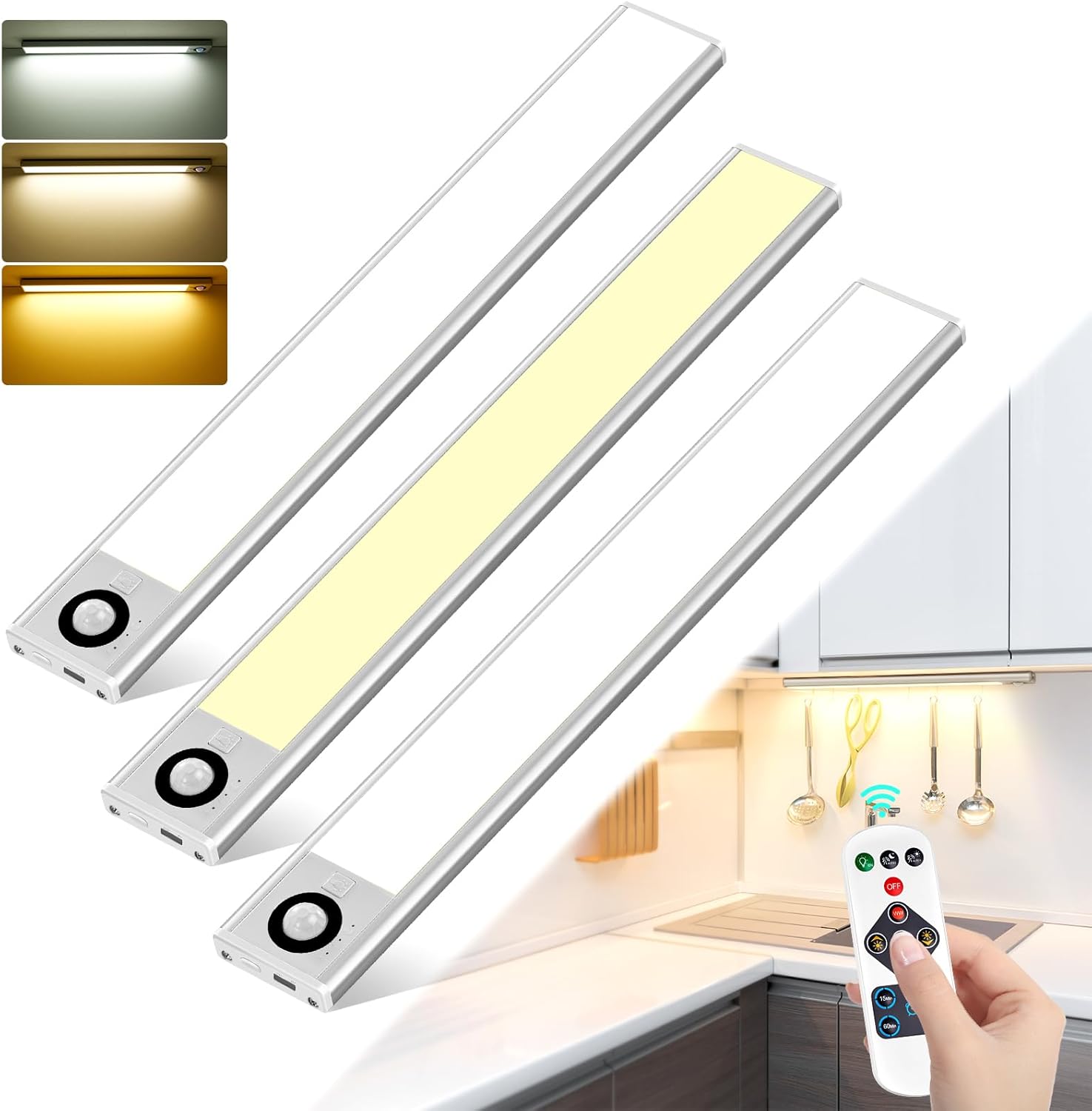 Under Cabinet Kitchen Lights,3Pack 72LEDs Magnetic Wardrobe Lights Motion Sensor...