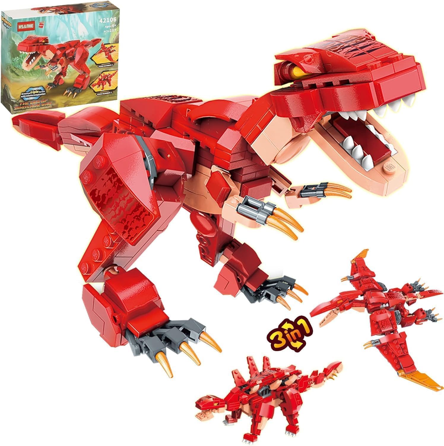 QLT STEM 3 in1 Dinosaurs Building Kits 287PCS, Compatible with Lego Dino Toys fo...
