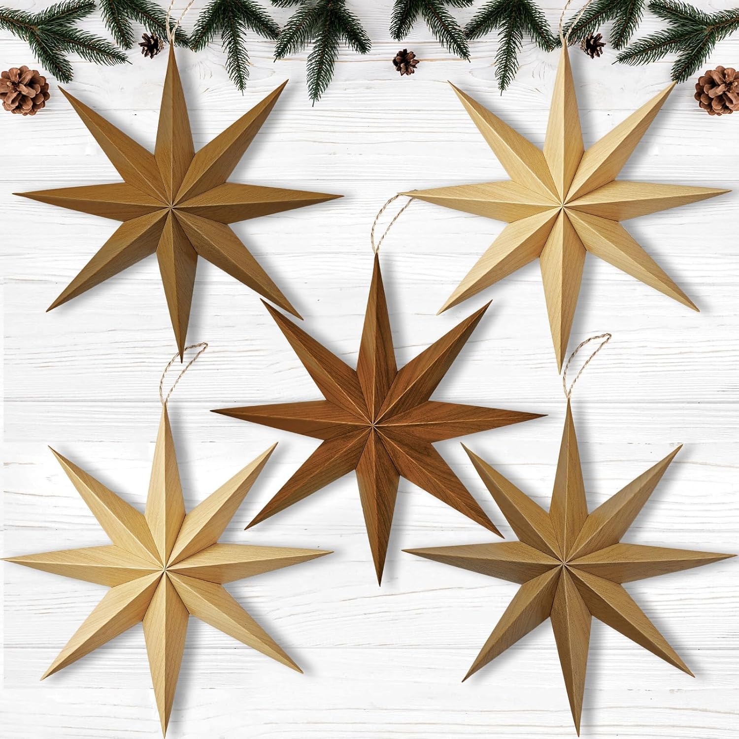 SUNBEAUTY Christmas Paper Stars 8 Pointed 12 Inch Wood Color Magnetic Hanging Pa...