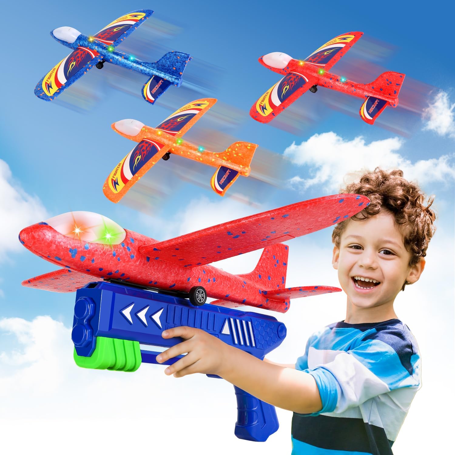 TODARRUN Airplane Launcher Toys,3 Pack 13.2 Inch LED Foam Glider Catapult Plane...
