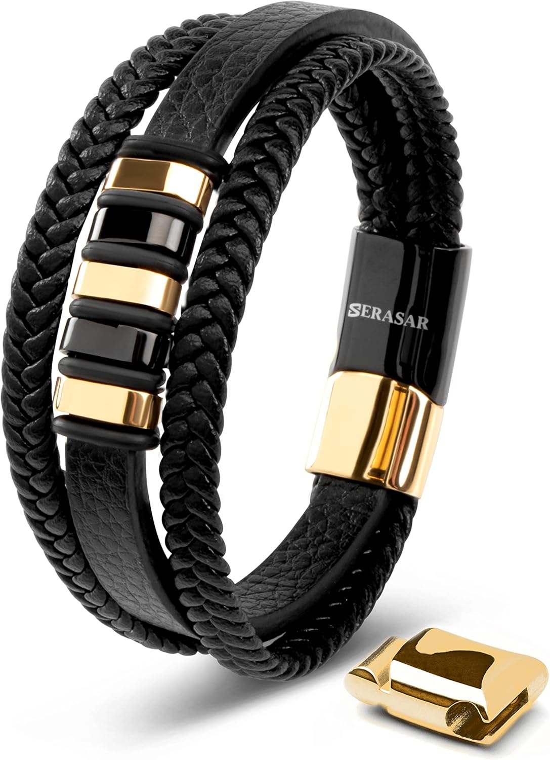 SERASAR | Premium Genuine Leather Bracelet for Men in Black | Magnetic Stainless...