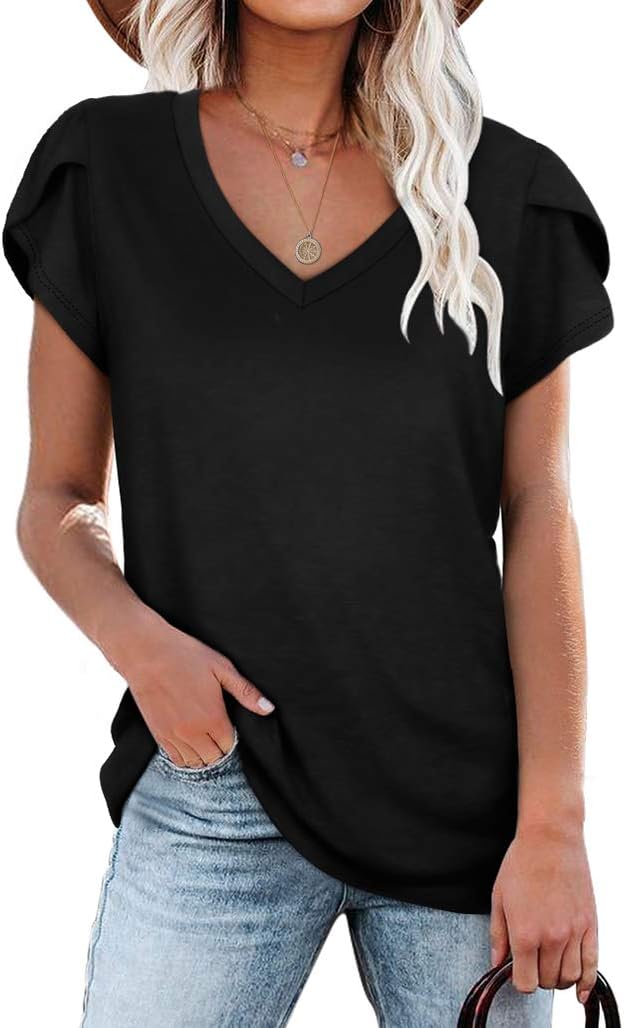 WIHOLL Womens Tops V Neck Summer Petal Sleeve Casual Tshirts Black X-Large