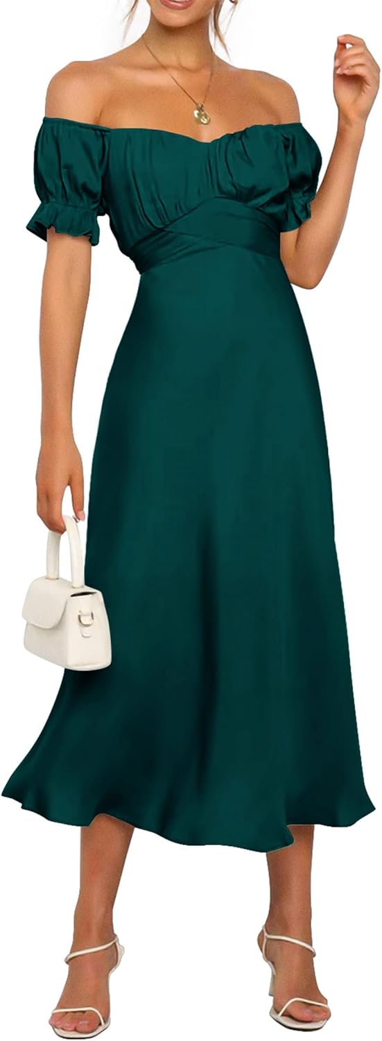KIRUNDO Women's 2024 Summer Satin Midi Dress Off Shoulder Wrap Ruched Wedding Gu...