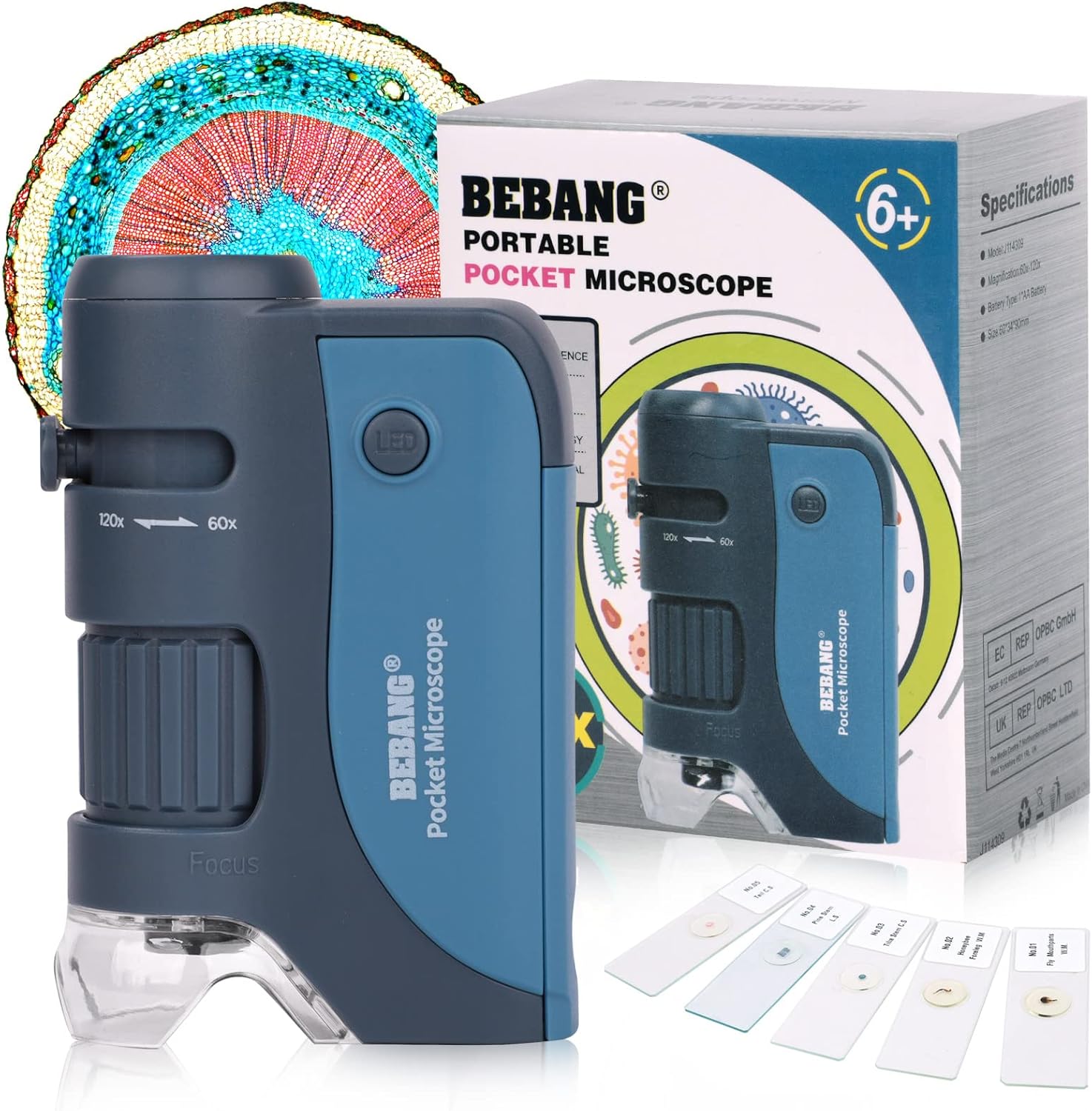 BEBANG Pocket Microscope, 60x-120x Handheld Mini Microscope for Kids with LED Li...