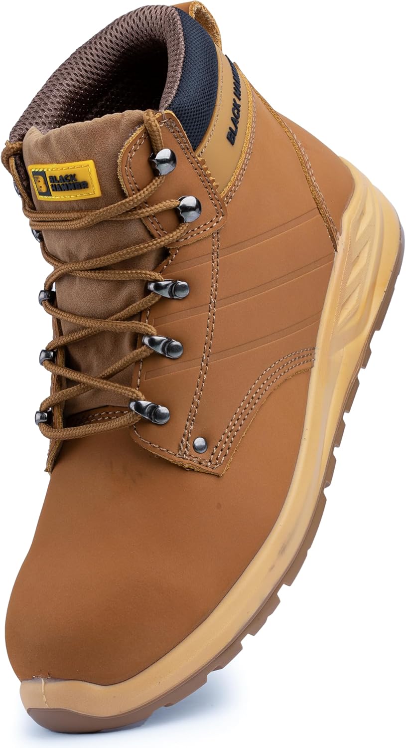 Black Hammer Mens Work Tan Safety Boots Steel Toe Cap Durable and Comfortable Sa...