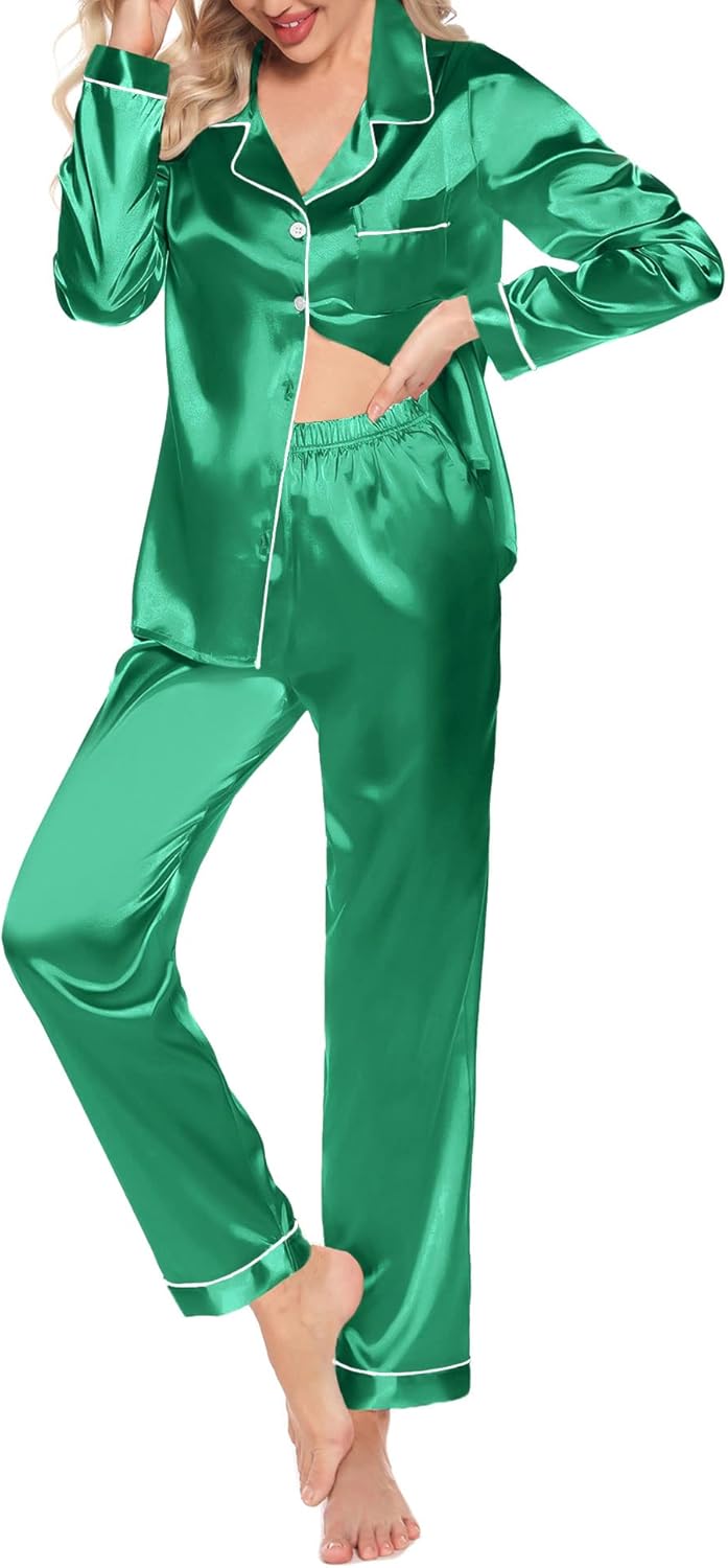 Samring Women's Silk Satin Pajamas Set Long Sleeve Sleepwear Two Piece Button Do...