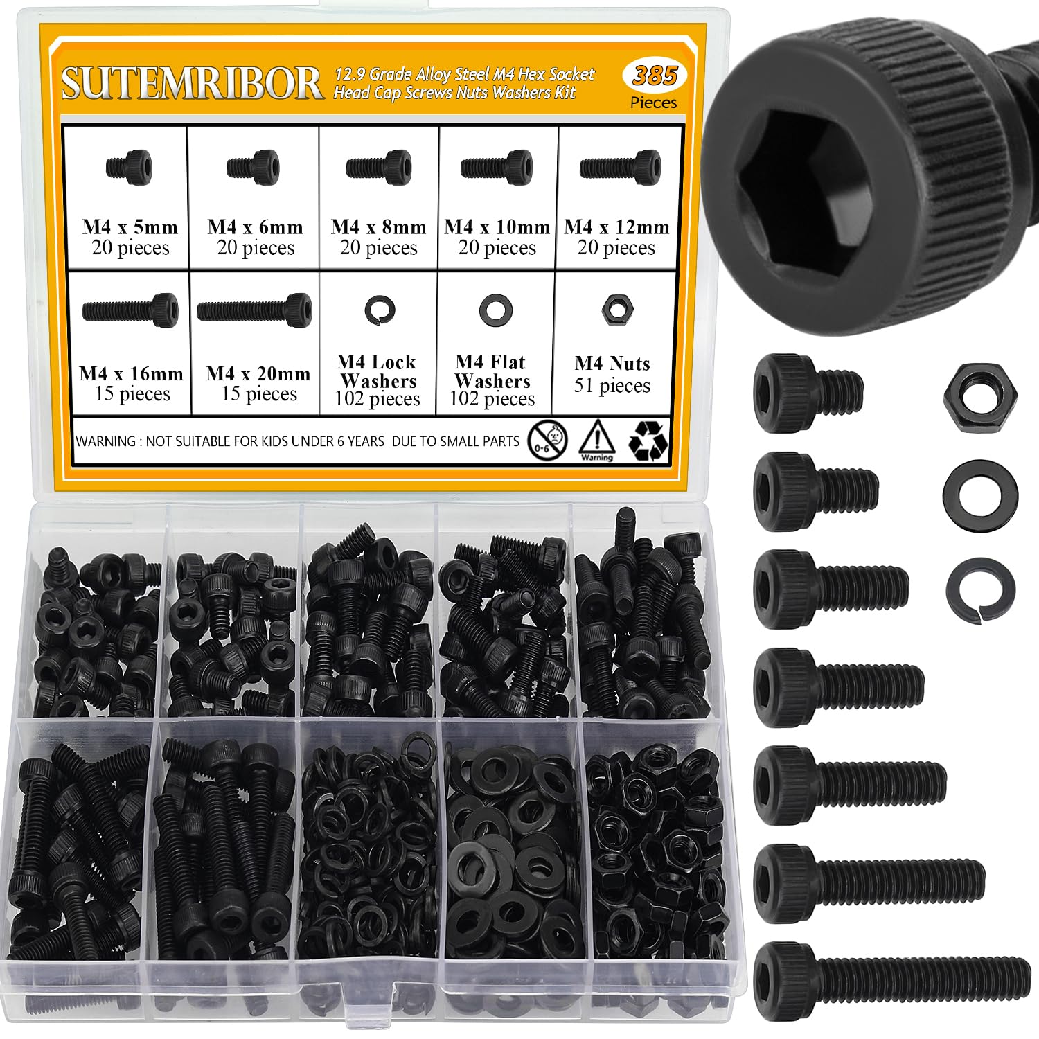 385 Pieces M4 Screws Nuts Washers Set Black, Sutemribor M4 x 5/6/8/10/12/16/20mm...