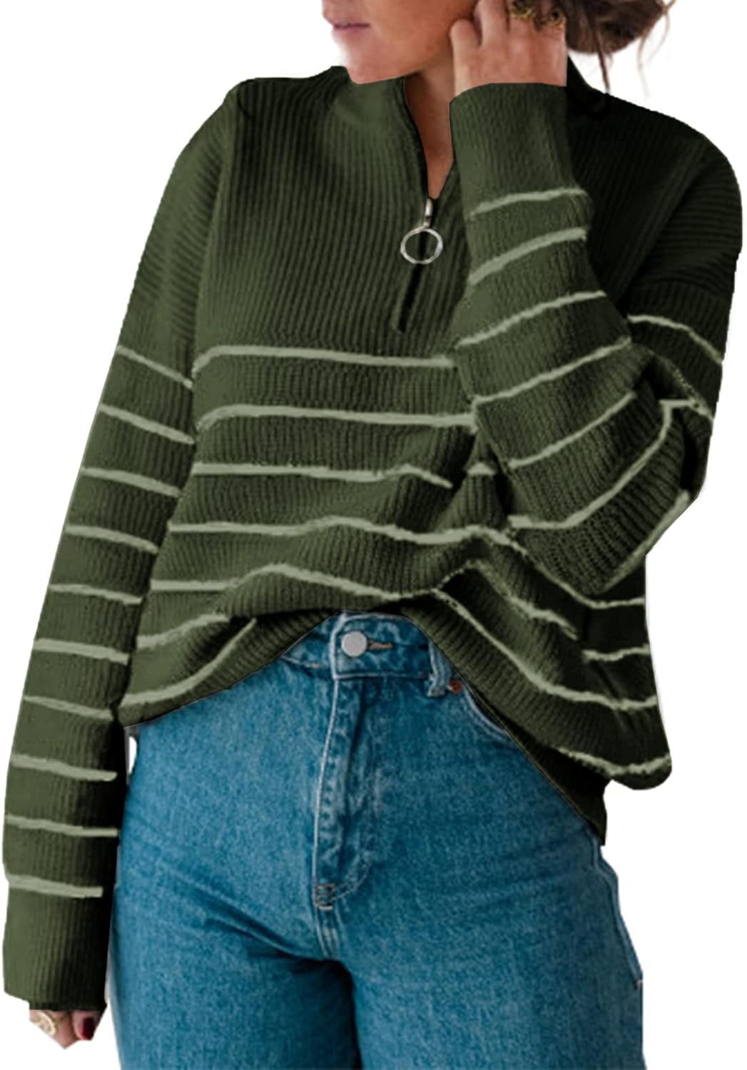 Amkoyam Women's Striped Sweaters 2023 Long Sleeves Knitted Casual Pullovers Loos...