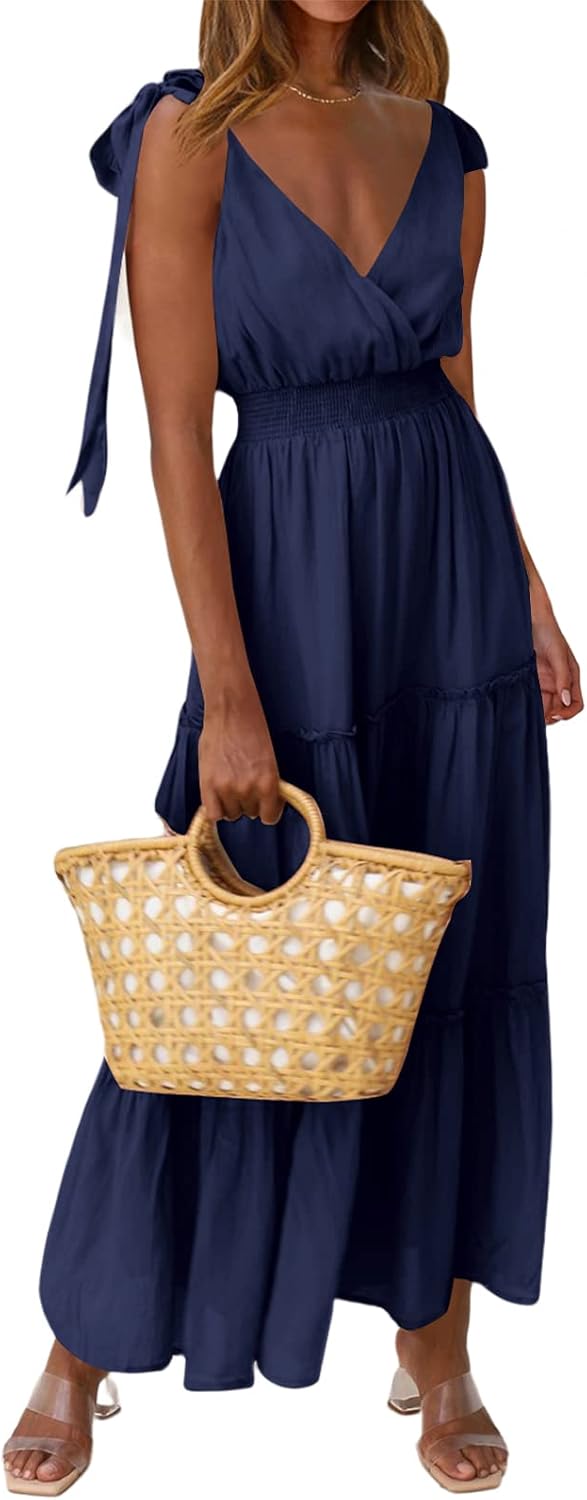 PRETTYGARDEN Women's Cross Neck Summer Sleeveless Tiered Maxi Dress Beach Tie St...