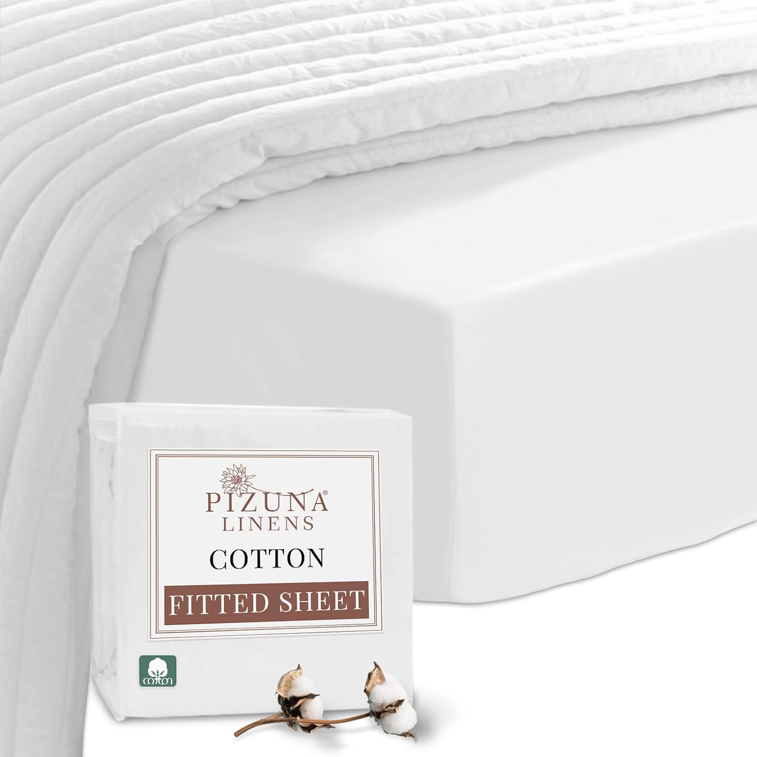 Pizuna 100% Cotton Double Fitted Sheet White, 400 Thread Count Long Staple Cotto...