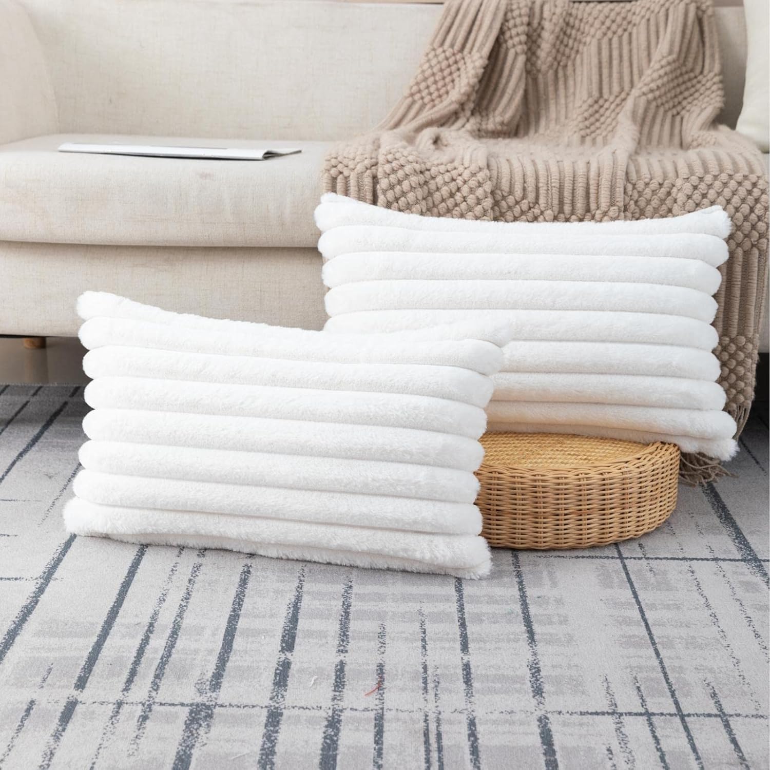 ZLINA Set of 2 Cream White Faux Fur Decorative Throw Pillow Covers Fluffy Stripe...