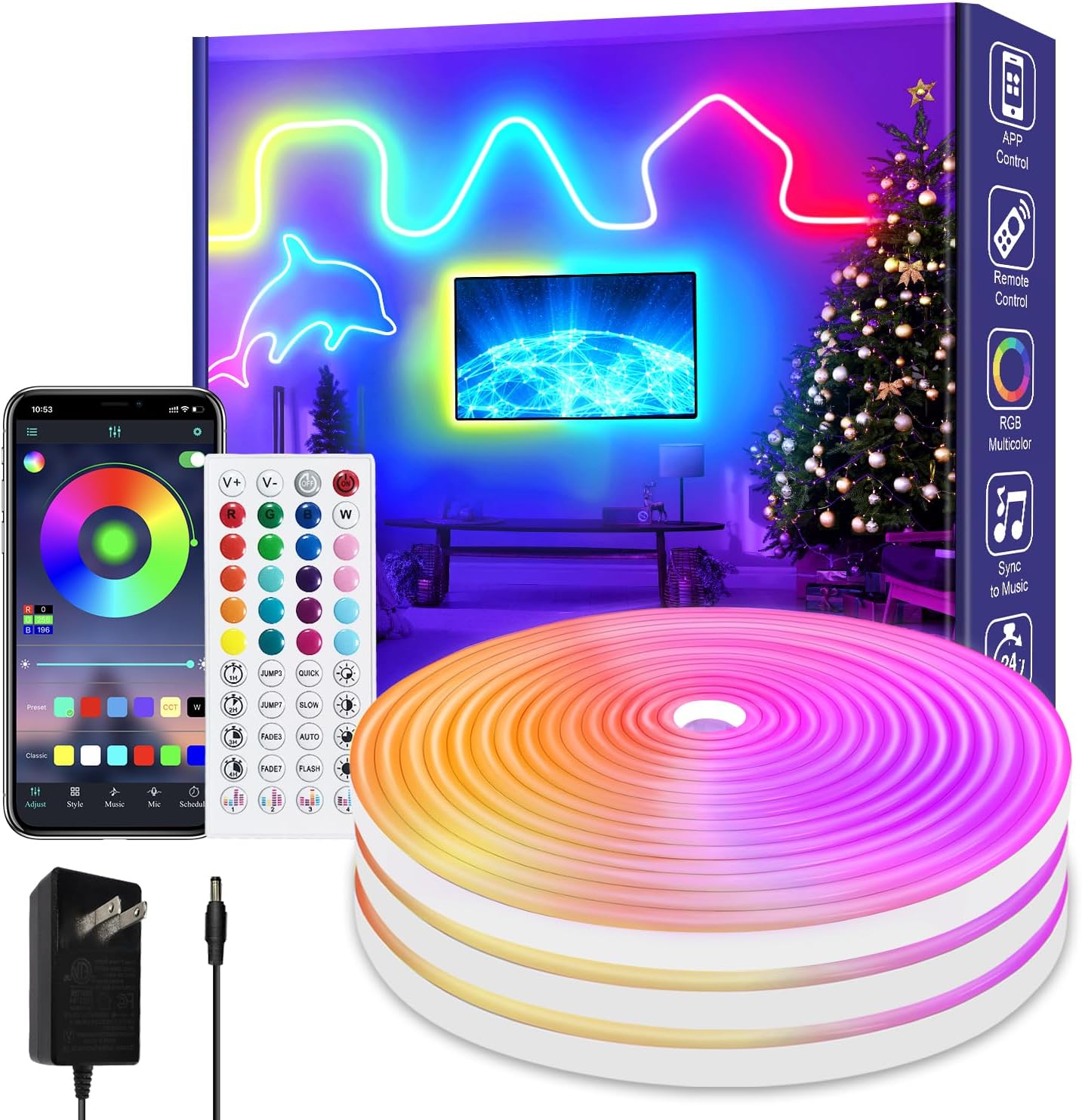 50Ft Led neon Rope Lights Music Sync IP65 Waterproof Flexible Led Rope Lights 40...