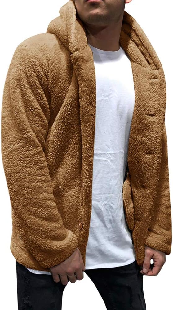 PASLTER Mens Fuzzy Sherpa Jacket Fluffy Fleece Open Front Cardigan Button Down C...