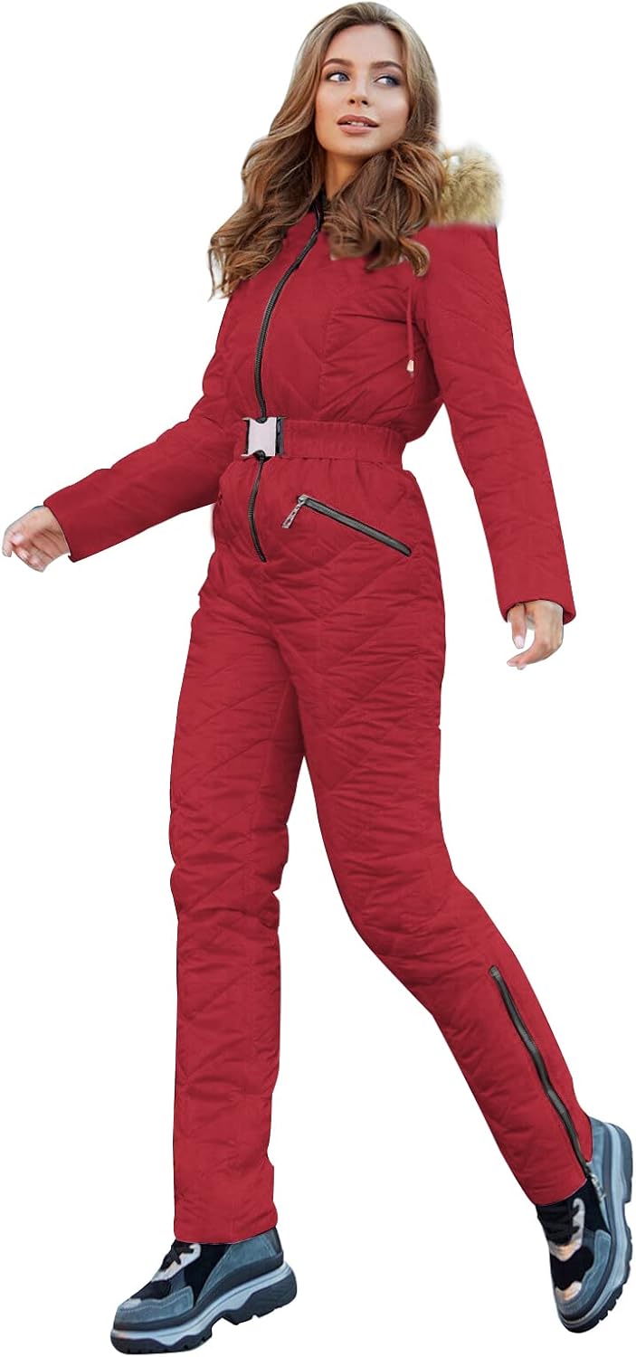 Yousify Womens Winter Ski Suit One Piece Hooded Fur Collar Ski Jumpsuit Snowsuit...