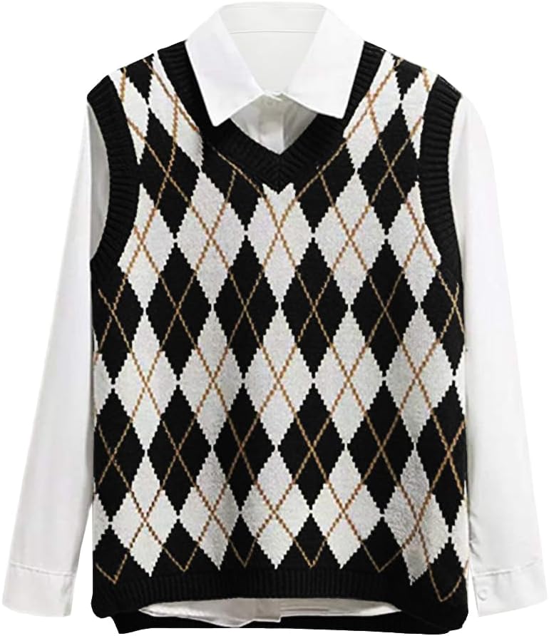 Lailezou Women's V Neck Knit Sweater Vest Argyle Plaid Preppy Style Sleeveless C...