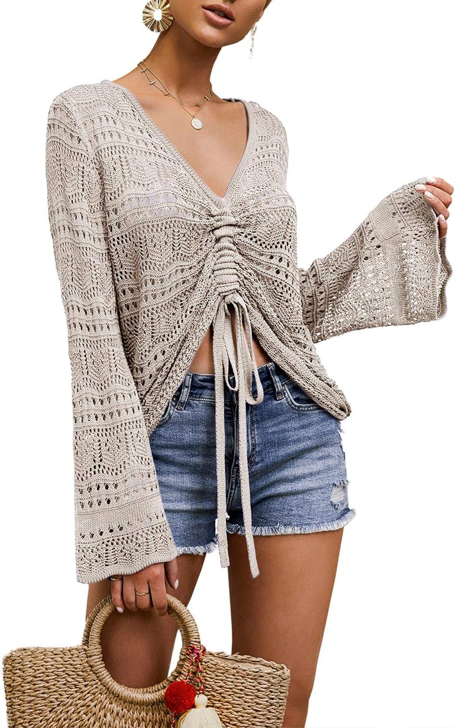 FERBIA Women Crochet Top Beach Cloth Drawstring Shirt Cover Up Oversized Sexy Be...