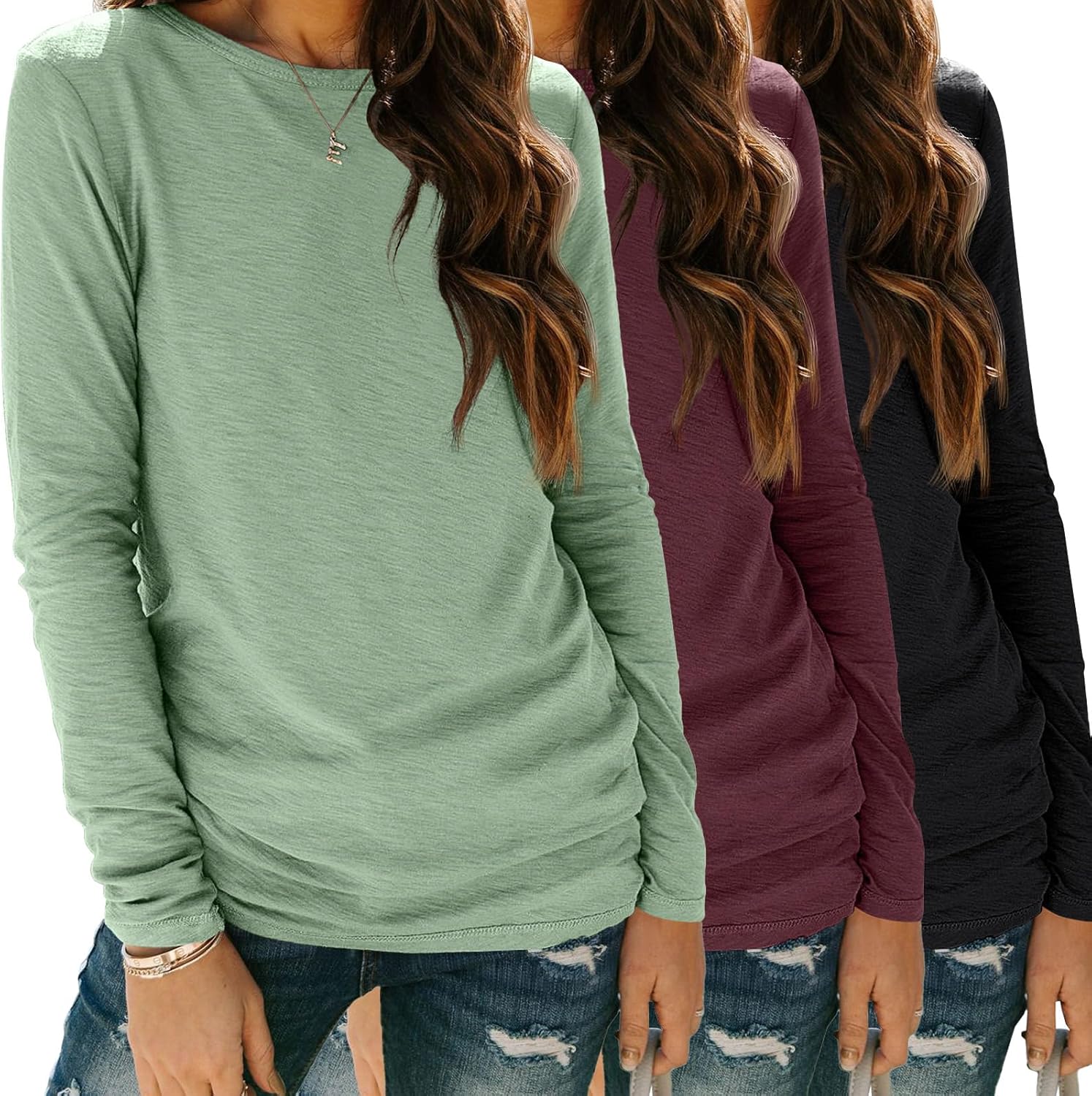 SUNBS Womens 3 Packs Long Sleeve Shirts Loose Fit Fall Tops Fashion Clothes Outf...