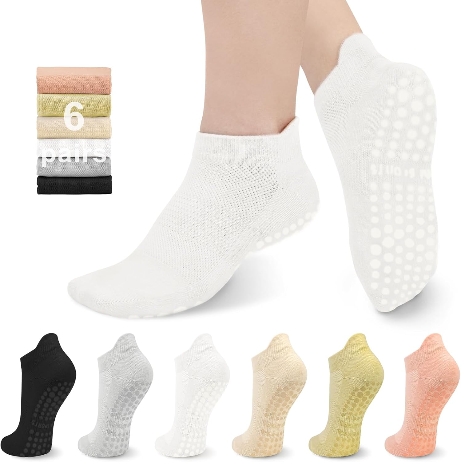 6 Pairs Pilates Socks for Women, Non Slip Yoga Socks with Grips for Barre Ballet...