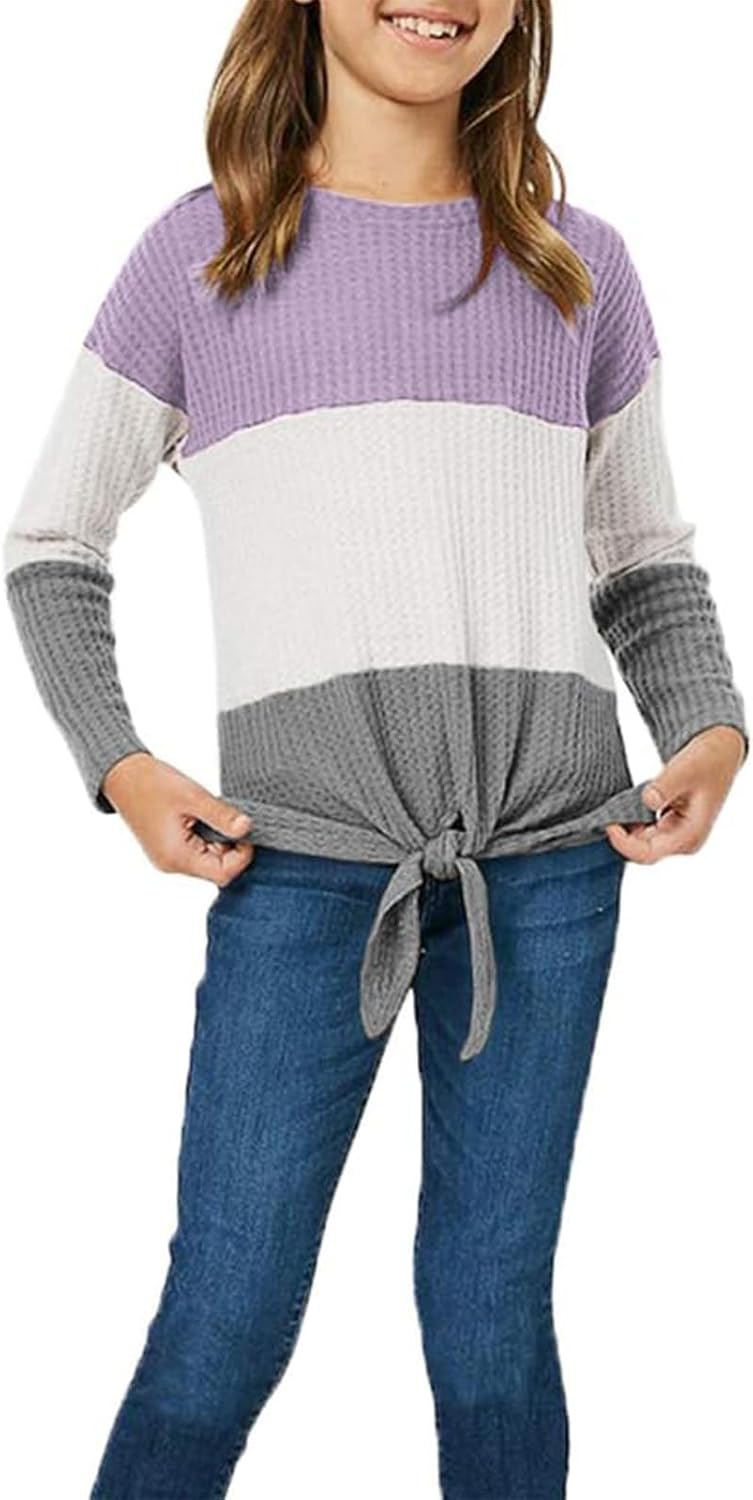 Girls Waffle Colorblock Tie Top Long Sleeve Casua T Shirt Knit Tunic 9-10 Years...