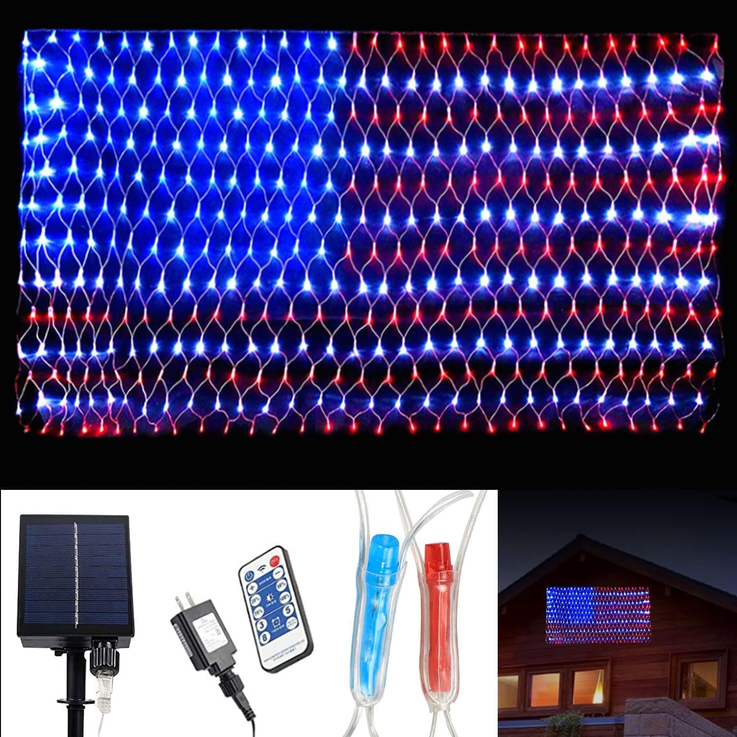 MUYUN American Flag Lights Solar Powered&Plug-in, 420LED Flag Net Light with Rem...