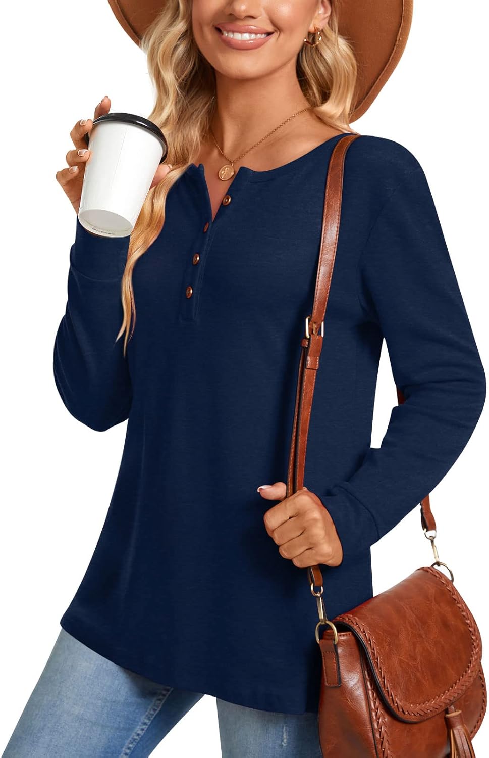 Aodemo Women's Henley Tops Fall Long Sleeve Button Up Tunic Casual Loose Winter...