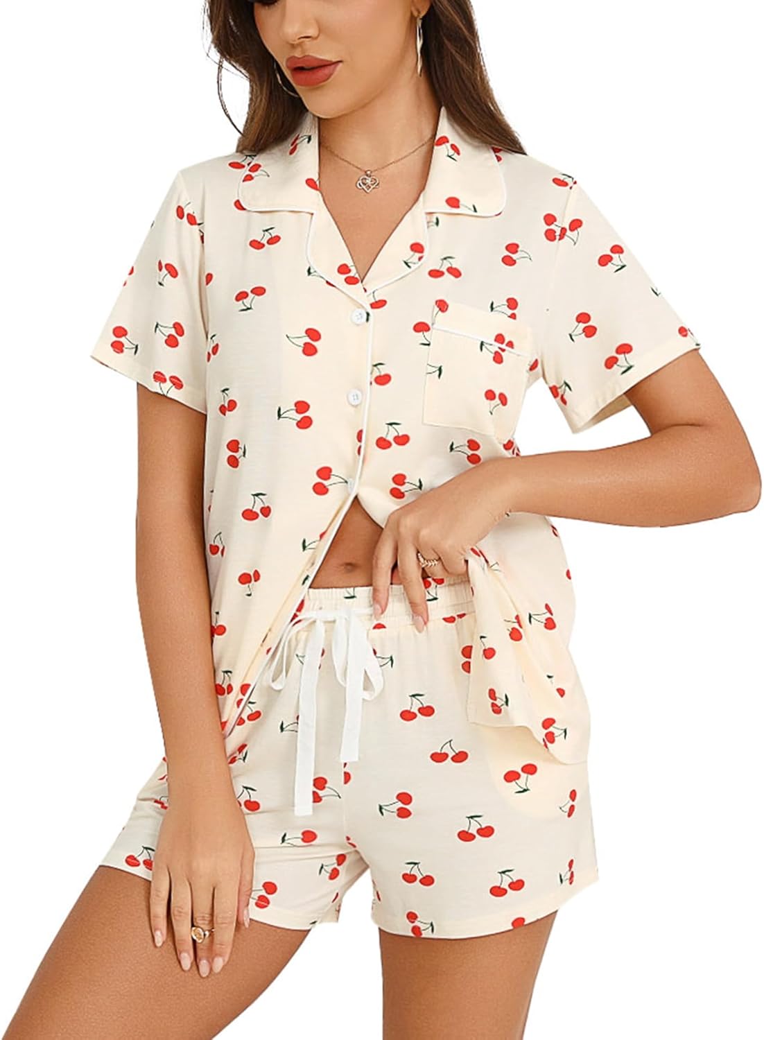 Anjue Womens Pajamas Set Short Sleeve Sleepwear Button Down Nightwear Shorts Sof...