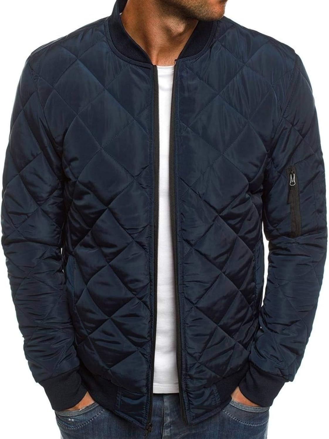 Mens Bomber Jackets Diamond Quilted Fall Winter Rib Varsity Lightweight Coat XX-...