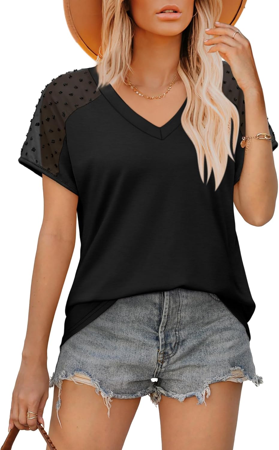 WIHOLL Summer Tops for Women V Neck T-Shirts Swiss Dot Short Sleeve Shirts Casua...
