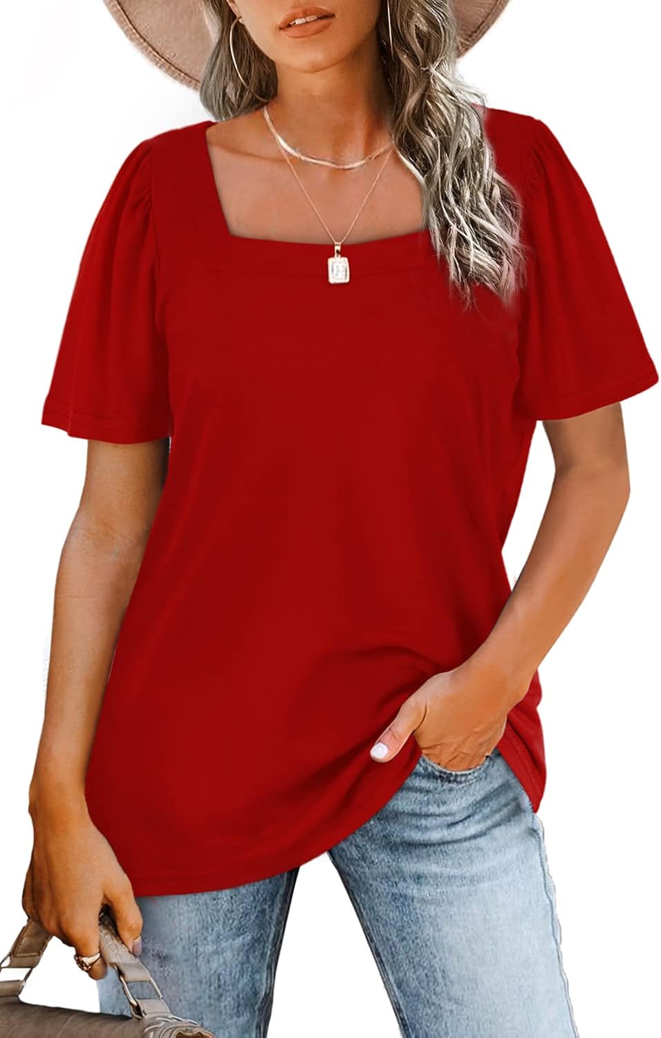 WIHOLL Womens Summer Tops Casual Square Neck Puff Short Sleeve T Shirts 5-red XX...