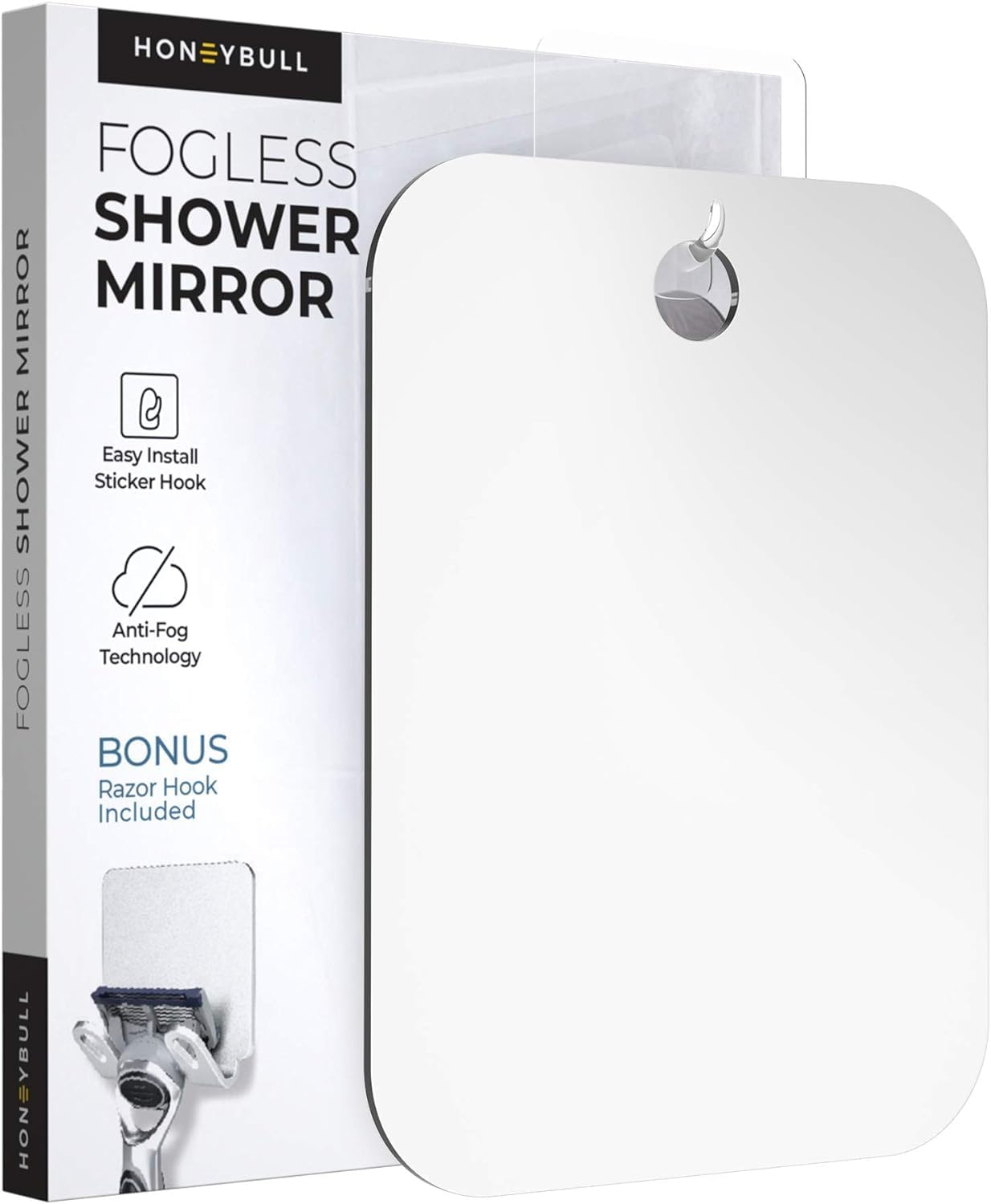 HONEYBULL Shower Mirror Fogless for Shaving - Flat Anti Fog Mirror with Razor Ho...
