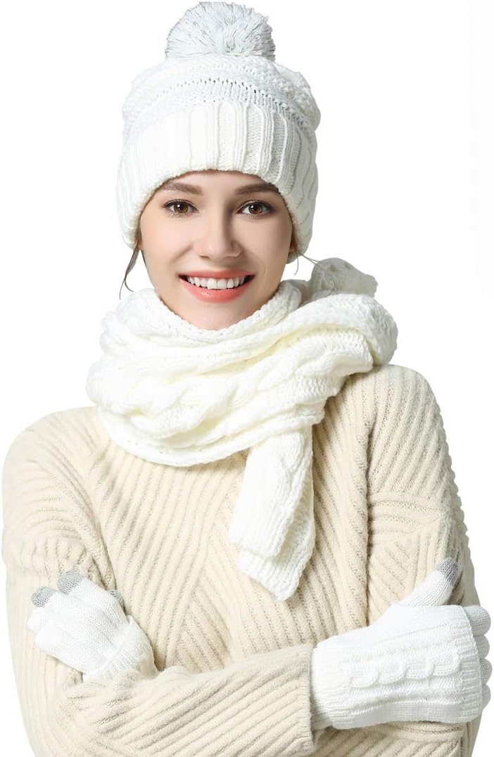 Winter Hat Scarf Gloves Set for Women Beanie Hat with Pom Long Scarf Neck Warmer...