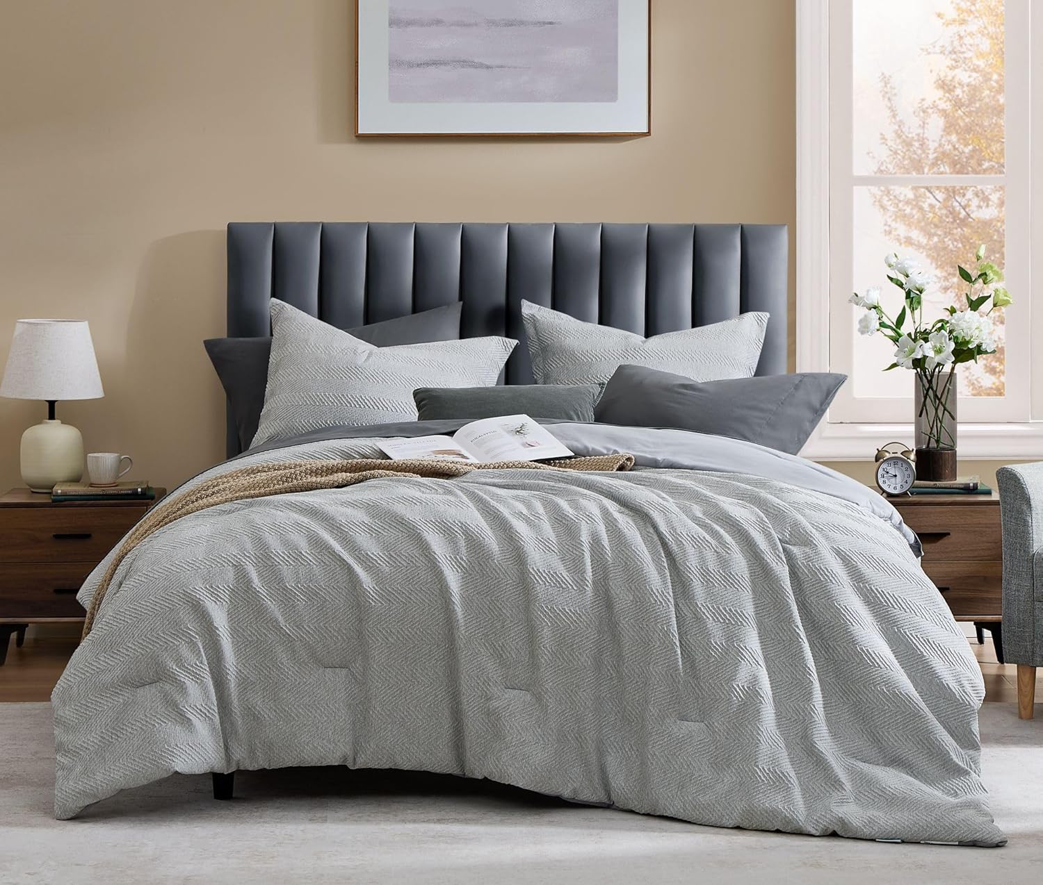 Geniospin Full Comforter Set, Bed in A Bag 7-Pieces, Light Grey Textured All Sea...