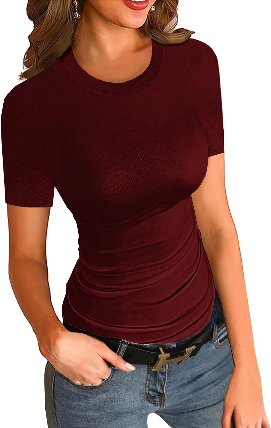 Womens Crewneck Short Sleeve Ribbed T-Shirt Slim Fit Tops Solid Basic Tee X-Larg...