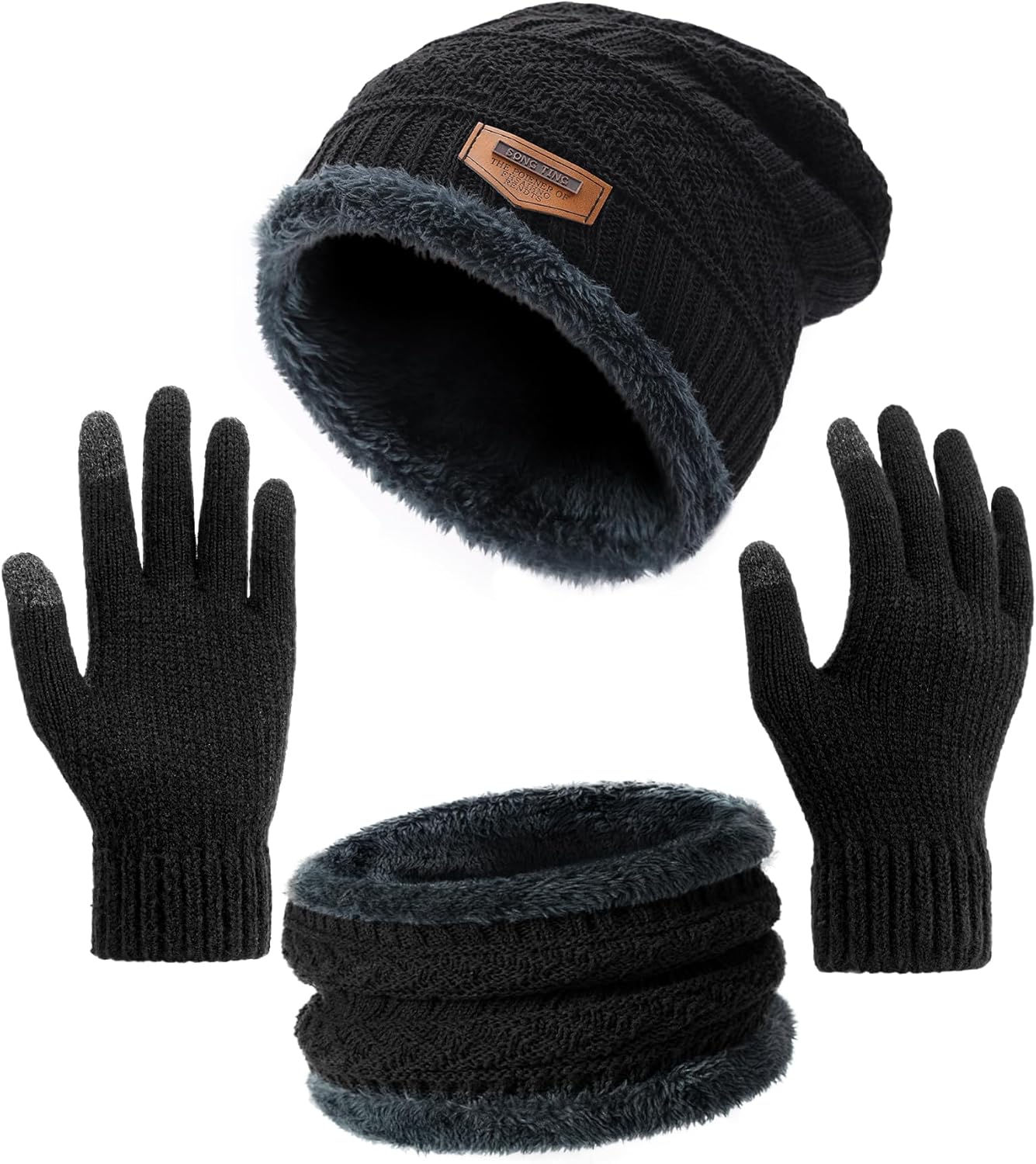 Winter Beanie Hat Circle Scarf Touchscreen Gloves Set, Snow Knit Skull Cap, Warm...