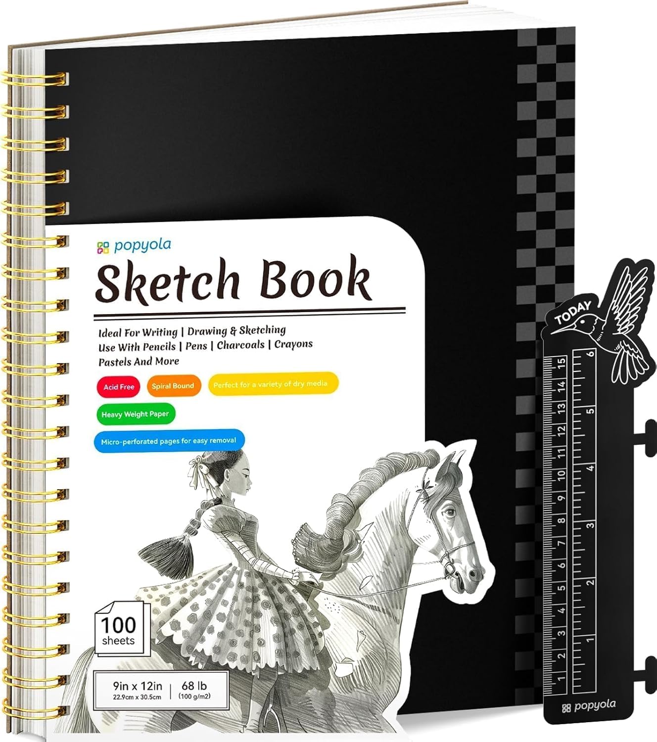 POPYOLA 9" x 12" Sketch Book with Bookmark Ruler, 100 Sheets Spiral Sketchbook f...